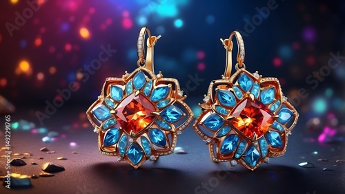 A radiant earring set with glowing meteoric gems and vibrant star-shaped designs, Cinematic theme, HDR, Vibrant