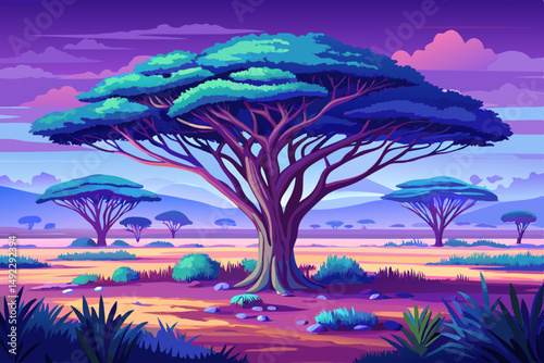 Lone Acacia Tree vector in Misty Savanna at Sunrise landscape