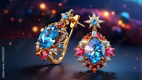A radiant earring set with glowing meteoric gems and vibrant star-shaped designs, Cinematic theme, HDR, Vibrant