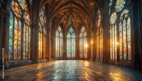 a breathtaking view of a grand gothic hall illuminated by vibrant stained glass windows and reflecting warmly on the polished stone floor.