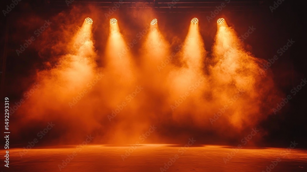 Fototapeta premium Empty stage illuminated by six warm orange spotlights with smoke creating a dramatic atmosphere