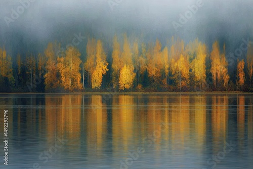 Autumn Colors Reflected in Still Misty Waters
