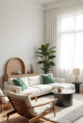 A serene, minimalist dining space featuring natural wood furniture, cane-back chairs, and soft natural