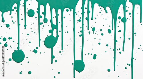 Teal paint drips and splatters on white background