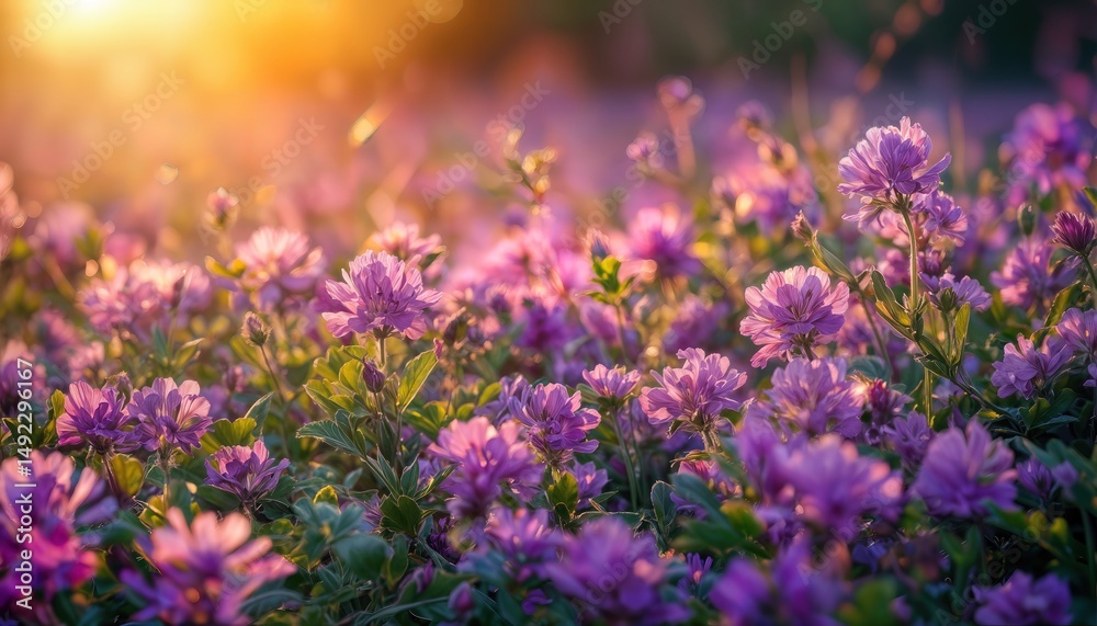 Obraz premium a vibrant field of purple clover blooms basks in the warm glow of a setting sun, creating a dreamy and idyllic landscape.