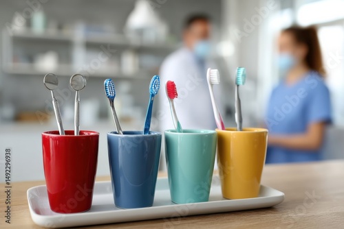Brightly colored toothbrushes in cups displayed in a dental clinic while staff converse in a clean environment