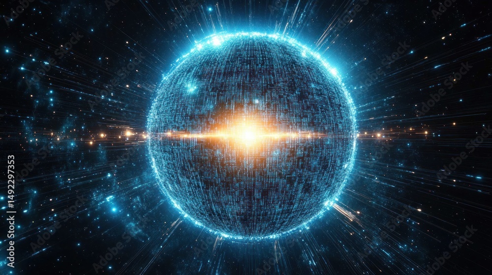 Obraz premium Glowing blue digital sphere composed of binary code with radiant orange light burst at its center against a dark cosmic background filled with small blue lights