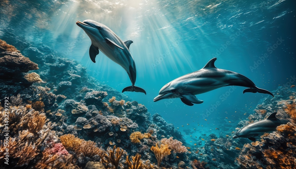 Fototapeta premium a vibrant underwater scene showcases three playful dolphins swimming amidst a colorful coral reef bathed in radiant sunlight.