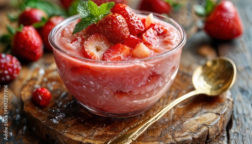 Wallpaper Mural a vibrant strawberry sorbet served in a glass bowl with fresh strawberries and a golden spoon rests on a rustic wooden surface. Torontodigital.ca