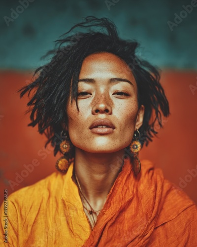 Portrait of a Young Woman with Freckles and Earthy Tones