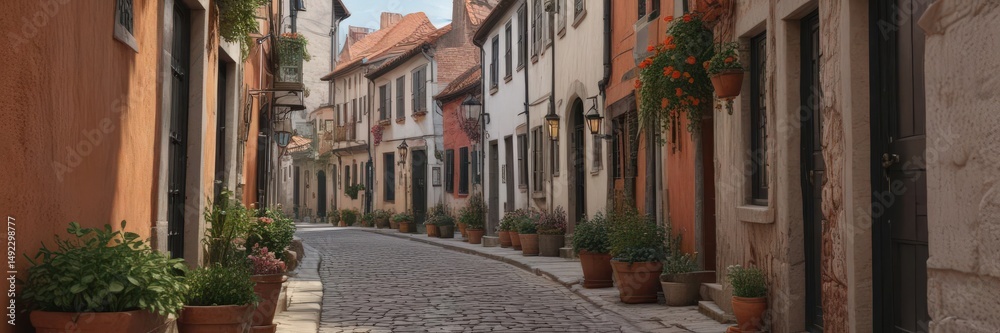 Naklejka premium Narrow cobbled street, overflowing window boxes, terracotta roofs , terracotta, scenic, village