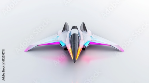 A spaceship with a triangular wingspan and neon glow, reflective surface, copy space at the top, clean ad style