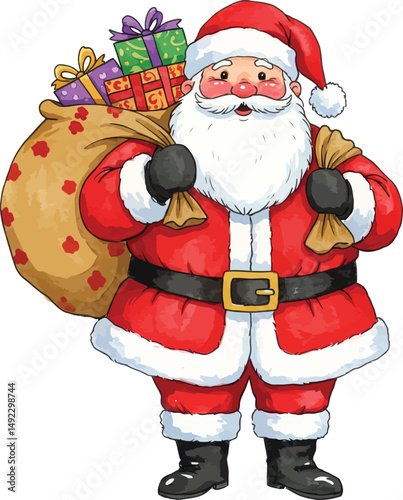 Happy Santa Claus with Sack Full of Christmas Gifts 