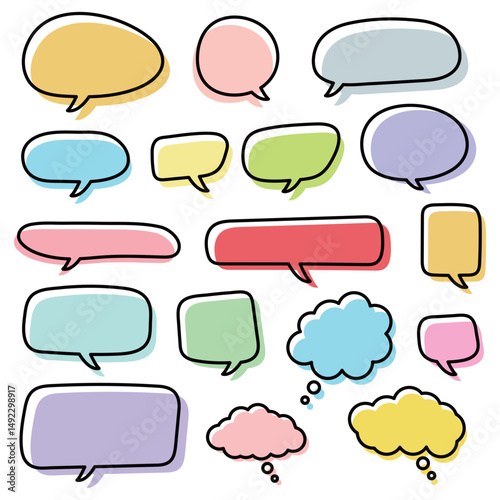 Vector illustration set of clean hand-drawn speech bubbles. Includes a cloud-style bubble made with soft circles and other outlined shapes. Perfect for comics, messages, and UI design.
