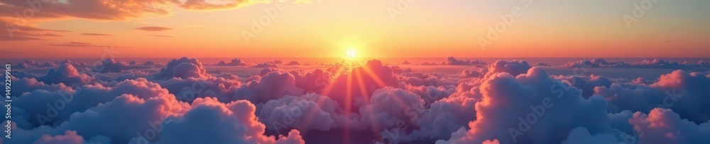 Fototapeta premium Sunset above fluffy clouds, clear sky, ample space , breathtaking, scenery