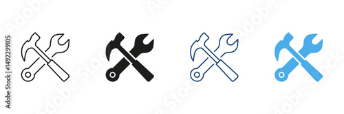 Crossed Hammer And Wrench Icon Set. Construction, Repair, And Maintenance Tools Outline And Silhouette Symbol Collection. Diy And Handyman Services. Isolated Vector Illustration