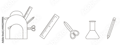 Set doodle School supplies isolated transparent background. Simple black outline School element vector illustrtaion. Collection of backpack, ruler, scissors, flask, pencil. EPS 10