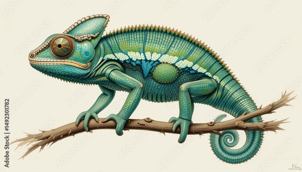 Fototapeta premium Multicoloured chameleon on a branch, bright colours, bent tail. Exotic animals. Concept of environmental protection, on banner, calendar