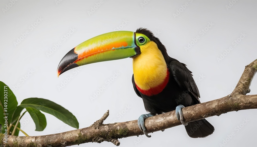 Naklejka premium A brightly coloured straight beaked toucan sits on a tropical branch against a background of pure white. A clear profile shot showing a huge iridescent beak with orange, green and yellow hues