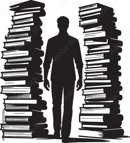 Silhouette of a man standing between two tall stacks of books on a white background