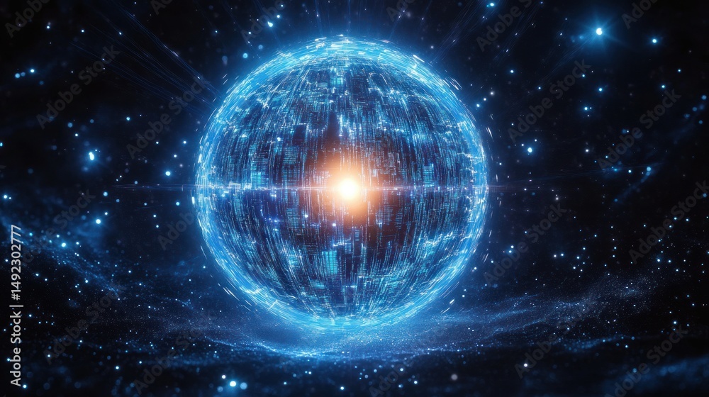 Obraz premium Glowing digital sphere surrounded by blue light particles in a dark space environment emitting futuristic and technological energy