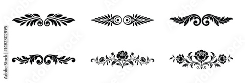 Six elegant black floral ornaments design elements