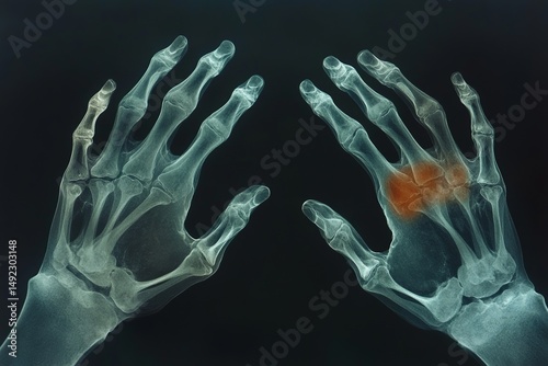 The x-ray film of both hands in the AP position shows a fracture of the proximal phalange shaft in the ring finger