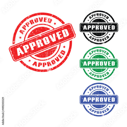 Approved Grunge Rubber Stamp Badge in Red, Black, Green, and Blue Isolated on Transparent Background