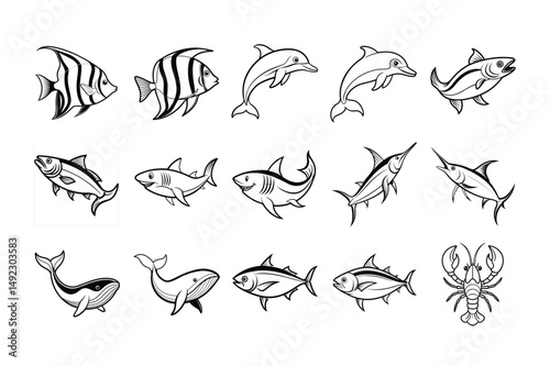 Wallpaper Mural Clean line art of marine creatures - angelfish, dolphins, sharks, whales, and lobster in three organized rows. Ideal for logos, packaging, tattoos, apparel, nursery decor, and marine biology projects. Torontodigital.ca