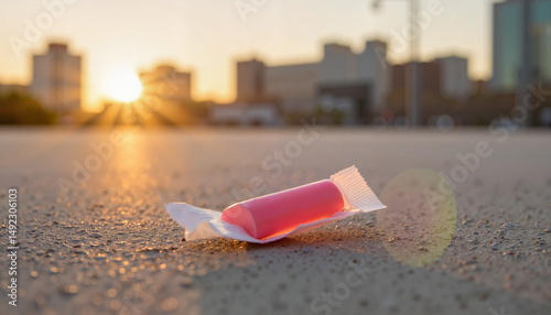 Colorful ice pop laying on the pavement during sunset with city skyline in background