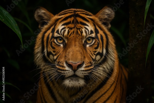 Majestic Sumatran Tiger Portrait Powerful Wildcat Intense Gaze Orange Fur Black Stripes Jungle Habitat Wildlife Photography Nature Image Beautiful Animal Big Eyes Apex Asia Beast Fauna Mammal Forest  