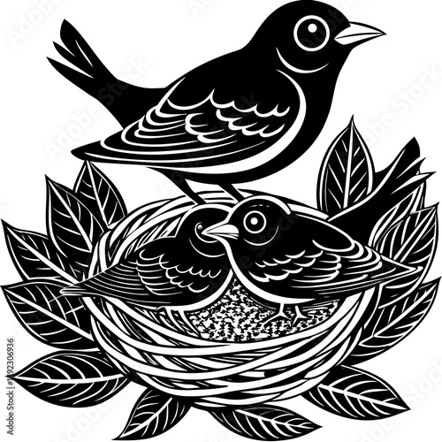 Mother bird and chicks in nest woodcut illustration