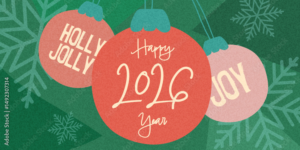 Naklejka premium Modern 2026 New Year banner with textured background, festive balls, snowflakes and abstract elements. For holiday greetings, invitations, advertising templates. Art background