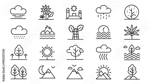 Nature icons depicting weather growth and landscape