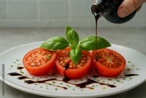 Delicious Red Tomatoes with Fresh Basil and Balsamic Glaze Drizzled over Sliced Tomatoes on a White Plate Elegant Food Photography Studio Shot Healthy Mediterranean Diet Recipe Inspiration meal ripe  