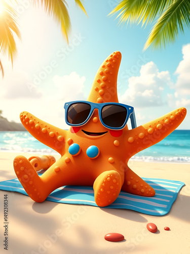 whimsical starfish vacationer with sunglasses lounging on tropical beach digital 3d illustration