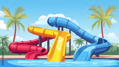 Tropical Water Park with Colorful Slides and Palm Trees