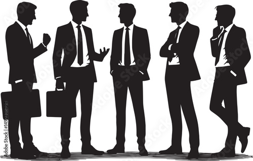 Silhouettes of five businessmen in suits standing and interacting against white backdrop