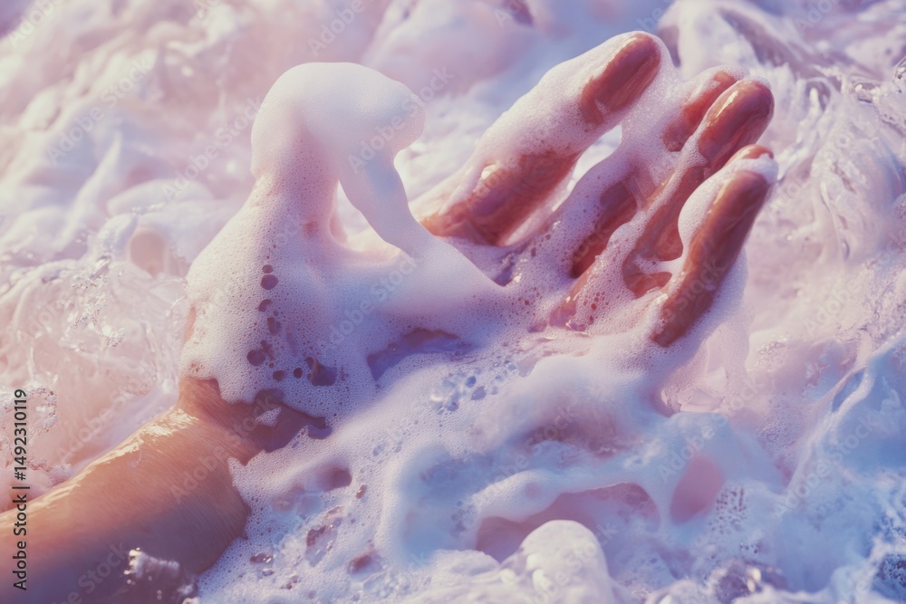 Obraz premium Hand covered in foam, showcasing skincare and hygiene products, promoting cleanliness and self-care routines. use cases: beauty, health