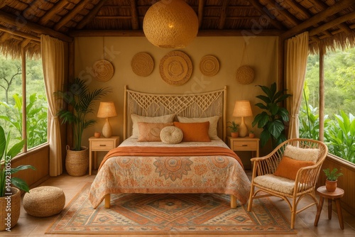 Bohemian Bedroom Decor Tropical Plants Macrame Headboard Natural Woven Textures Rustic Chic Interior Design Cozy Comfortable Space Orange Beige Tones Calm Atmosphere Relaxing Retreat Summer Vibes     