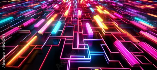 Futuristic glow cyber virtual space technology. Neon light burst motion effect. Generative video AI technology.	
