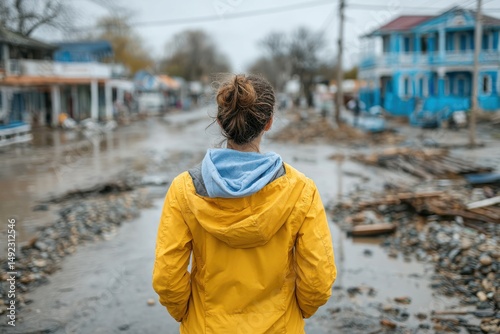 Fototapeta Naklejka Na Ścianę i Meble -  Displaced by flood, a person stands in a yellow jacket observing the devastated streets of a small town in recovery