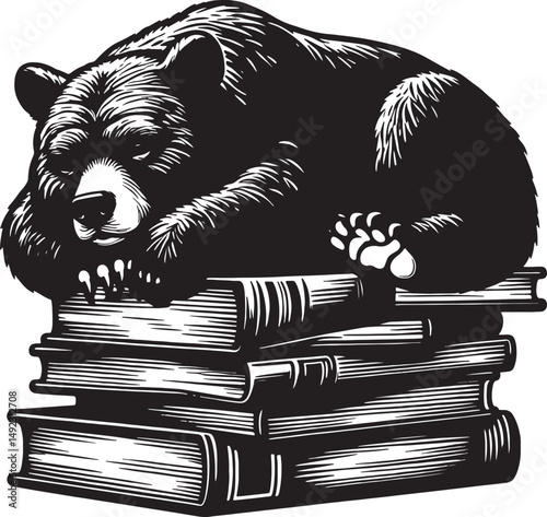 A black and white illustration of a bear sleeping on top of a stack of books art