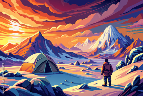View Lone Figure Contemplates Vibrant Sunset from Snowy Mountain Tent, winter travel