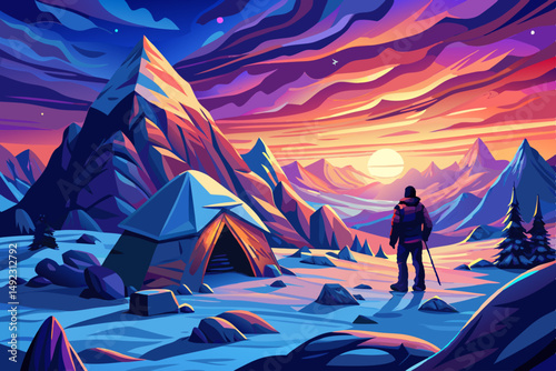 View Lone Figure Contemplates Vibrant Sunset from Snowy Mountain Tent, winter travel