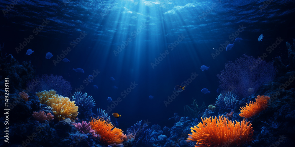 Obraz premium Surreal Underwater Ocean Scene With Coral and Rays of Light