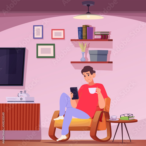 Sitting on armchair. man with smartphone and cup of tea or coffee sitting in living room interior