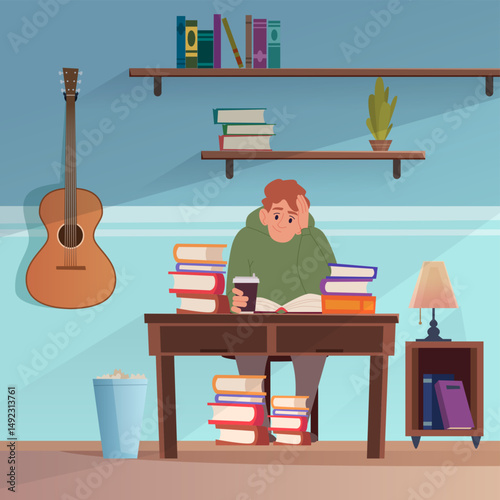 Student. male character sitting with book busy time