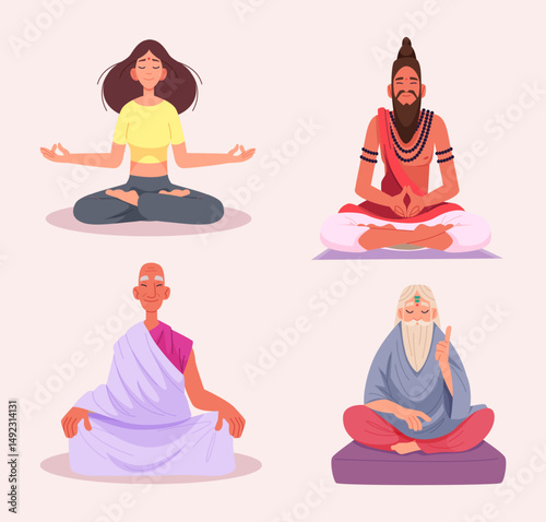 Spiritual gurus. Buddhists teachers, mentors for spiritual seekers exact vector purnima characters collections