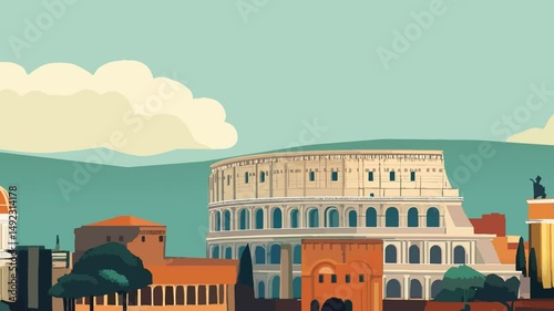 Parallax Animation of Ancient Roman Colosseum with Historic Rome Skyline